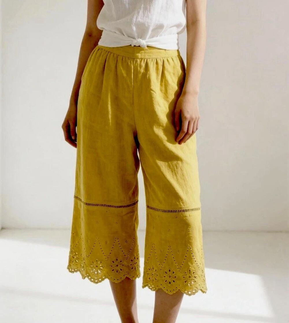 Calligraphie Women’s Eyelet Chartreuse Linen Wide-Leg Scallop Cropped Pants S